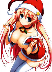 Rule 34 | 1girl, absurdres, bell, neck bell, blue eyes, breasts, christmas, cleavage, collar, fingernails, hat, highres, huge filesize, large breasts, long hair, pink hair, santa costume, santa hat, simple background, solo, thighhighs, tomose shunsaku, very long hair, white background
