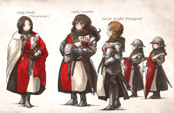 Rule 34 | 5girls, armor, bassinet, belt, boots, braid, brown hair, full body, gambeson, gauntlets, gloves, greaves, helmet, highres, holding, ironlily, kettle helm, lady lucerne (ironlily), long hair, medieval, multiple girls, orange hair, original, scabbard, sheath, single braid sister (ironlily), standing, sword, twin braids sister (ironlily), weapon