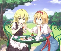 Rule 34 | 2girls, alice margatroid, blonde hair, blue eyes, blue sky, bowl, braid, cake, cake slice, capelet, chair, cloud, cup, cupcake, day, food, food on face, fork, fruit, grass, hairband, kirisame marisa, looking at another, macaron, meadow, mountain, multiple girls, no headwear, no headwear, oruna, outdoors, pavement, plate, sitting, sky, smile, strawberry, strawberry shortcake, sweets, table, teacup, teapot, tongue, tongue out, touhou, tree, yellow eyes
