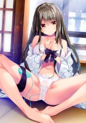 Rule 34 | 1girl, absurdres, barefoot, bdsm, bondage, bound, bra, breasts, brown hair, feet, highres, huge filesize, indoors, japanese clothes, kimono, long hair, looking at viewer, medium breasts, open clothes, oryo (oryo04), panties, see-through, sex toy, sitting, solo, spread legs, stomach, thighs, underwear, very long hair, vibrator, vibrator under clothes, vibrator under panties, yukata