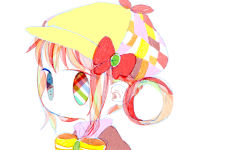 Rule 34 | 1girl, bow, bowtie, checkered clothes, checkered headwear, closed mouth, colored skin, colorful, deerstalker, diagonal stripes, expressionless, from side, gem, hair rings, hat, hat bow, jpeg artifacts, looking at viewer, matsuo mono, multicolored eyes, negative space, no nose, pink bow, pink hair, pink ribbon, plaid, portrait, ribbon, sherlock shellingford, sidelocks, simple background, solo, striped, tantei opera milky holmes, tareme, uniform, white background, white skin, wing collar, yellow bow, yellow bowtie