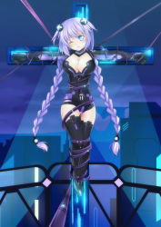 Rule 34 | 10s, 1girl, bdsm, blue eyes, bondage, bound, braid, breasts, cleavage, cleavage cutout, clothing cutout, cross, crucifixion, gloves, hair ornament, highres, large breasts, leotard, long hair, looking at viewer, neptune (neptunia), neptune (series), one eye closed, purple hair, purple heart (neptunia), restrained, solo, symbol-shaped pupils, tears, twin braids, very long hair, yasume yukito
