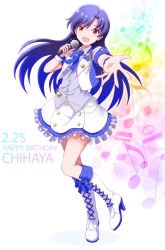 Rule 34 | 1girl, beamed quavers, blue hair, character name, happy birthday, heart, high heels, highres, idolmaster, idolmaster (classic), kisaragi chihaya, long hair, looking at viewer, microphone, musical note, open mouth, outsider 0, quaver, solo, treble clef