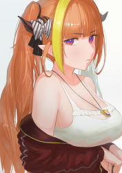 Rule 34 | 1girl, bad id, bad pixiv id, bare shoulders, black ribbon, blonde hair, blunt bangs, bow, breasts, camisole, cleavage, closed mouth, diagonal-striped bow, expressionless, frilled camisole, frills, from side, hair ribbon, highres, hololive, horn bow, horn ornament, horns, jacket, jewelry, kiryu coco, kiryu coco (loungewear), large breasts, long hair, long sleeves, looking at viewer, looking to the side, multicolored eyes, multicolored hair, off shoulder, official alternate costume, open clothes, open jacket, orange hair, partially unzipped, pendant, pointy ears, purple eyes, red eyes, red jacket, ribbon, see-through, sideboob, sidelocks, sideways glance, simple background, slit pupils, solo, spaghetti strap, streaked hair, striped, striped bow, tarorud, track jacket, twintails, upper body, virtual youtuber, white background, white camisole