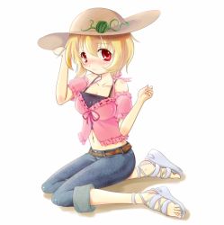 Rule 34 | 1girl, aki minoriko, alternate costume, bad id, bad pixiv id, blonde hair, breasts, contemporary, female focus, food, food-themed clothes, fruit, full body, futakabe, hat, midriff, navel, red eyes, sandals, short hair, solo, straw hat, touhou, watermelon, white background