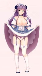 Rule 34 | 1girl, bad id, bad pixiv id, bare shoulders, blue eyes, blue flower, blue rose, blush, boots, bow, bow panties, breasts, breasts out, cameltoe, choker, cleft of venus, clothes lift, collarbone, dress, dress lift, elbow gloves, flower, garter straps, gloves, hair flower, hair ornament, headdress, highres, lace, lace-trimmed legwear, lace trim, large breasts, long hair, looking at viewer, mole, mole under eye, nipples, original, panties, purple hair, rose, solo, thighhighs, underwear, weyowang, white gloves