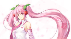Rule 34 | 1girl, bare shoulders, breasts, cherry, detached sleeves, food, fruit, hatsune miku, headset, highres, long hair, necktie, pink eyes, pink hair, sakura miku, small breasts, smile, solo, twintails, upper body, very long hair, vocaloid, wacchi, wallpaper