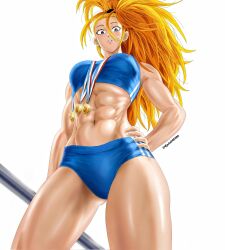 Rule 34 | abs, bandaid, bandaid on face, biceps, big hair, blue eyes, blue sports bra, captain mizuki, carlx945380, cropped legs, from below, hand on own hip, looking at viewer, medal, medallion, muscular, muscular female, one-punch man, pole, side ponytail, sports bra, standing