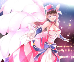 Rule 34 | 1girl, amamiya sakura, blue bow, blue eyes, blush, bow, breasts, brown hair, cleavage, collarbone, dress, gloves, hair ribbon, halter dress, halterneck, hat, highres, leaning forward, light particles, looking at viewer, medium breasts, open mouth, pink hat, pink ribbon, ribbon, sakura taisen, sdwing, shin sakura taisen, smile, solo, top hat, white gloves