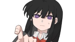 Rule 34 | 1girl, black hair, black jacket, bright pupils, chinese commentary, closed mouth, collared shirt, commentary request, highres, index finger raised, inoue takina, jacket, long hair, long sleeves, looking at viewer, lycoris recoil, purple eyes, school uniform, shirt, simple background, solo, sweatdrop, upper body, white background, white pupils, white shirt, yanlingjinshilihuahua