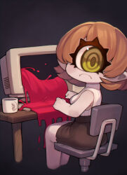 Rule 34 | 1girl, black skirt, blood, breasts, brown hair, chair, commentary, computer, cup, cyclops, frown, green eyes, highres, keyboard (computer), large breasts, looking at viewer, looking back, medium hair, medium skirt, monitor, mug, one-eyed, original, pale skin, pencil skirt, pointy ears, ribbed shirt, shirt, sitting, skirt, sleeveless, sleeveless turtleneck, solo, symbol-only commentary, table, turtleneck, wooden table, zombiemiso