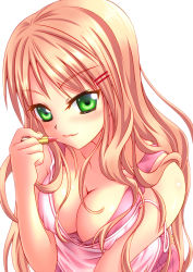 Rule 34 | 1girl, blonde hair, blush, breasts, cleavage, collarbone, green eyes, hair ornament, hairclip, large breasts, lipstick, long hair, makeup, nazu-na, original, shiny skin, simple background, solo, tsurime, white background
