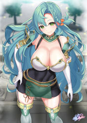 Rule 34 | 1girl, absurdres, aqua hair, armor, bare shoulders, black dress, blurry, blurry background, breasts, chloe (fire emblem), cleavage, commentary request, covered navel, dress, elbow gloves, feet out of frame, fire emblem, fire emblem engage, gloves, green eyes, hair between eyes, highres, large breasts, long hair, looking at viewer, nez-box, nintendo, shoulder armor, smile, solo, standing, thighhighs, thighs, very long hair, white gloves, white thighhighs