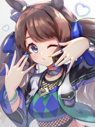 Rule 34 | 1girl, animal ears, bangle, blue eyes, blush, bracelet, brown hair, closed mouth, collar, fishnet top, green jacket, green shirt, hands up, highres, horse ears, jacket, jewelry, long hair, long sleeves, looking at viewer, meyamu, multicolored nails, one eye closed, open clothes, open jacket, purple collar, shirt, solo, tosen jordan (umamusume), twintails, umamusume, upper body, very long hair