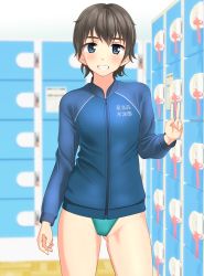Rule 34 | 1girl, absurdres, aqua one-piece swimsuit, black hair, blue eyes, blue jacket, blurry, breasts, clothes writing, competition swimsuit, contrapposto, cowboy shot, depth of field, grin, highres, jacket, locker, locker room, looking at viewer, one-piece swimsuit, original, short hair, small breasts, smile, solo, standing, swimsuit, swimsuit under clothes, takafumi, v