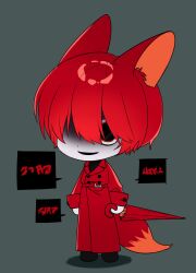 1boy animal_ears chibi coat dang_0716 fox_boy fox_ears fox_tail full_body grey_background highres holding holding_umbrella homicipher homicipher_text male_focus mr._scarletella red_coat red_eyes red_hair red_umbrella shaded_face short_hair simple_background solo speech_bubble standing tail umbrella