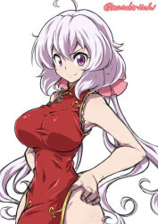 10s 1girl ahoge breasts china_dress chinese_clothes dress female_focus hands_on_own_hips impossible_clothes large_breasts long_hair looking_at_viewer mutsuki_riichi purple_hair red_dress senki_zesshou_symphogear side_slit simple_background smile solo twintails twitter_username very_long_hair white_background yukine_chris