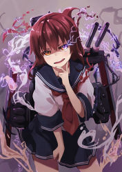 Rule 34 | 1girl, adapted costume, alternate sleeve length, anchor symbol, black sailor collar, black skirt, brown eyes, brown hair, commentary request, cowboy shot, electricity, folded ponytail, highres, inazuma (kancolle), kantai collection, long hair, looking at viewer, machinery, neckerchief, open mouth, plasma-chan (kancolle), pleated skirt, red neckerchief, round teeth, sailor collar, school uniform, serafuku, shirt, short sleeves, skirt, solo, taisho (gumiyuki), teeth, upper teeth only, white shirt