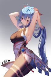 Rule 34 | 1girl, ahoge, aile (crossroads), armpits, arms behind head, arms up, bare shoulders, bell, blue hair, blush, bodystocking, breasts, brown pantyhose, dress, ganyu (genshin impact), genshin impact, highres, horns, large breasts, long hair, looking at viewer, open mouth, pantyhose, purple eyes, sideboob, solo, thighs, vision (genshin impact), white dress