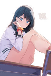 Rule 34 | 1girl, backlighting, black hair, blue eyes, blush, cardigan, chair, closed mouth, copyright name, crossed legs, desk, expressionless, from below, gridman universe, hand in own hair, hand on own thigh, hand up, highres, knees up, legs, long hair, long sleeves, looking at viewer, on desk, school desk, school uniform, scrunchie, simple background, sitting, on desk, solo, ssss.gridman, takarada rikka, tam-u, thighs, white background, wrist scrunchie