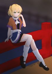 Rule 34 | 1girl, absurdres, black footwear, black shirt, black skirt, blonde hair, blouse, blurry, blurry background, breasts, bridge, brown shirt, closed mouth, commentary request, full body, green eyes, hagi (sekiyou 4), hair between eyes, half updo, highres, looking at viewer, mary janes, mizuhashi parsee, on railing, pointy ears, railing, sash, scarf, shirt, shoes, short hair, short ponytail, short sleeves, sitting, skirt, small breasts, smile, socks, solo, split mouth, touhou, undershirt, white sash, white scarf, white socks