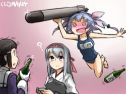 Rule 34 | 10s, 3girls, ?, @ @, bare arms, bare legs, black hair, blue hair, blush, bottle, brown eyes, clothes writing, dated, drunk, fang, gloves, hair ribbon, hairband, hamu koutarou, holding, i-19 (kancolle), kantai collection, long hair, multiple girls, muneate, myoukou (kancolle), one-piece swimsuit, open mouth, pink background, ribbon, sake bottle, school swimsuit, short hair, shoukaku (kancolle), silver hair, smile, swimsuit, torpedo, trembling, twintails