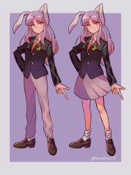 Rule 34 | 1girl, animal ears, blazer, blush, bobby socks, breast pocket, bright pupils, brown footwear, buttons, closed mouth, commentary request, crescent, crescent pin, dual persona, eyelashes, finger gun, fingernails, hand on own hip, highres, jacket, knees, konoha217, loafers, long hair, looking at viewer, necktie, outside border, pants, parted bangs, pink pants, pink skirt, pleated skirt, pocket, purple background, rabbit ears, red eyes, red necktie, reisen udongein inaba, shirt, shoes, sidelocks, simple background, skirt, smile, socks, standing, suit jacket, touhou, twitter username, white legwear, white pupils, white shirt