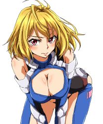 Rule 34 | 10s, 1girl, angelise ikaruga misurugi, antenna hair, bare shoulders, bent over, blonde hair, blush, bodysuit, breasts, cleavage, cleavage cutout, clothing cutout, cross ange, female focus, hanging breasts, large breasts, leaning, leaning forward, looking at viewer, pilot suit, pink eyes, revealing clothes, runaru, short hair, simple background, solo, white background
