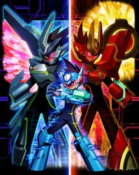 Rule 34 | 00s, 1boy, absurdres, alternate form, arm cannon, armor, aura, bodysuit, brown hair, capcom, full armor, full body, geo stelar (mega man), goggles, highres, looking at viewer, machinery, mechanical wings, mega man (series), mega man star force, neon lights, official art, shoulder pads, skin tight, standing, weapon, wings