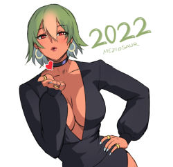 Rule 34 | 1girl, 2022, artist name, black choker, blowing kiss, blue nails, breasts, choker, cleavage, collarbone, contrapposto, cowboy shot, curvy, dress, earrings, evening gown, facing viewer, female focus, fire emblem, fire emblem heroes, gradient hair, green hair, hand on own hip, heart, hoop earrings, jewelry, laegjarn (fire emblem), large breasts, looking at viewer, meziosaur, multicolored hair, nail polish, new year, nintendo, no bra, orange hair, plunging neckline, red eyes, revealing clothes, ring, short hair, simple background, solo, streaked hair, two-tone hair, white background