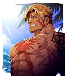 Rule 34 | 1boy, abs, artist name, bara, beach, beowulf (fate), blonde hair, cloud, facial hair, fate/grand order, fate (series), goatee, large pectorals, looking at viewer, male focus, muscular, muscular male, nipples, ocean, palm tree, pectorals, red eyes, scar, short hair, smile, sunlight, tattoo, topless male, tree, upper body, wet, yamanome