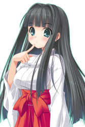 Rule 34 | 1girl, black hair, blush, breasts, female focus, gradient background, green eyes, japanese clothes, long hair, miko, noritama (gozen), open mouth, original, solo, standing, white background