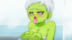 Rule 34 | 1girl, animated, animated gif, bathroom, blush, breasts, cheelai, colored skin, cum, cum in mouth, cum on body, cum on breasts, cum on tongue, cum on upper body, dragon ball, dragon ball super, dragon ball super broly, ejaculation, facial, female focus, green skin, indoors, large breasts, looking at viewer, naked towel, open mouth, own hands together, pink eyes, short hair, solo, tongue, tongue out, towel, upper body, white hair, yamamoto doujin