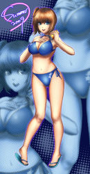 Rule 34 | 1girl, bikini, blue eyes, breasts, brown hair, can, cleavage, hand on another&#039;s chest, hand on own chest, hasukaku hanzou, large breasts, long legs, looking at viewer, navel, open mouth, original, sandals, side-tie bikini bottom, skindentation, smile, solo, swimsuit, zoom layer