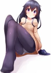 Rule 34 | 10s, 1girl, akatsuki (kancolle), alternate costume, arm support, bare shoulders, black eyes, black hair, black pantyhose, blush, boruhis, breasts, flat cap, hair between eyes, hat, unworn hat, unworn headwear, kantai collection, long hair, looking at viewer, no shoes, off-shoulder, off-shoulder sweater, off shoulder, panties, panties under pantyhose, pantyhose, ribbed sweater, see-through, serious, sitting, sleeves past wrists, small breasts, solo, sweater, underwear