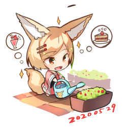 Rule 34 | 1girl, :d, animal ears, barefoot, blonde hair, brown eyes, cake, cake slice, chibi, commentary request, dated, dress, food, fox ears, fox girl, fox tail, fruit, full body, hair ornament, hairclip, holding, long sleeves, open mouth, original, parfait, red dress, short hair, smile, solo, sparkle, spoken food, standing, strawberry, strawberry shortcake, swept bangs, tail, thought bubble, watering, watering can, white background, wide sleeves, yuuji (yukimimi)