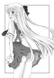 Rule 34 | 1girl, absurdres, ass, blush, border, bow, collared shirt, commentary request, cowboy shot, criss-cross back-straps, crotch seam, embarrassed, from behind, frown, greyscale, hair bow, half updo, highres, kusano kouichi, long hair, looking at viewer, looking back, miniskirt, monochrome, open mouth, original, outside border, panties, pantyhose, pleated skirt, shirt, short hair, skirt, solo, standing, suspender skirt, suspenders, underwear