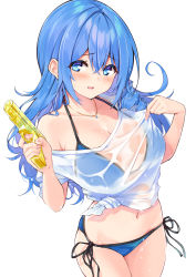 Rule 34 | 1girl, armpit crease, bare shoulders, bikini, bikini under clothes, blouse, blue bikini, blue eyes, blue hair, blush, breasts, cleavage, collarbone, commentary request, cowboy shot, cu-no, drill hair, finger on trigger, front-tie top, groin, hair between eyes, halterneck, hands up, hisen kaede, holding, jewelry, kohitsuji ai, large breasts, long hair, looking at viewer, navel, necklace, no pants, off shoulder, open mouth, see-through, shirt, side-tie bikini bottom, simple background, smile, solo, stomach, string bikini, swimsuit, tied shirt, very long hair, water gun, wet, wet clothes, wet shirt, white background, white shirt