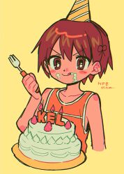 Rule 34 | 1boy, birthday cake, blush stickers, brown eyes, brown hair, cake, candle, character name, collarbone, cropped torso, food, fork, fruit, hat, highres, holding, holding fork, kel (omori), licking lips, looking ahead, male focus, menma (enaic31), omori, orange shirt, party hat, shirt, short hair, shoulder blush, simple background, solo, strawberry, striped clothes, striped headwear, tongue, tongue out, translation request, yellow background, yellow hat