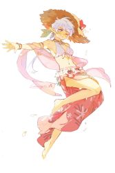Rule 34 | 1girl, ;), alisaie leveilleur, armlet, artist name, barefoot, bikini, blue eyes, blush, bracelet, braid, breasts, brown hat, commentary, earrings, elezen, elf, falling petals, final fantasy, final fantasy xiv, floral print, flower, front-tie bikini top, front-tie top, full body, hat, hat flower, highres, jewelry, looking at viewer, navel, necklace, one eye closed, outstretched arm, petals, pointy ears, sarong, scarf, shuangsen, small breasts, smile, solo, straw hat, swimsuit, white background, white bikini, white hair