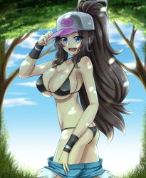 Rule 34 | 1girl, alternate breast size, armband, ass, bare arms, bare shoulders, bikini, black bikini, black hair, black panties, breasts, butt crack, cleavage, clothes pull, collarbone, creatures (company), day, game freak, hand on headwear, hat, highres, hilda (pokemon), large breasts, long hair, looking at viewer, nintendo, open mouth, outdoors, panties, pants, unworn pants, pokemon, ponytail, shorts, shorts pull, skindentation, sky, smile, solo, strap gap, swimsuit, takecha, tree, underwear, undressing