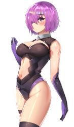 Rule 34 | 1girl, absurdres, black gloves, black leotard, blush, breasts, cleavage, cleavage cutout, closed mouth, clothing cutout, clyde s, commentary, cowboy shot, elbow gloves, english commentary, fate/grand order, fate (series), gloves, hair over one eye, highleg, highleg leotard, highres, large breasts, leotard, light frown, looking at viewer, mash kyrielight, navel, navel cutout, purple eyes, purple hair, short hair, simple background, solo, standing, thighhighs, thighs, white background, white thighhighs