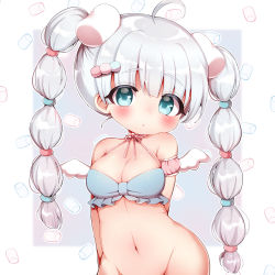 Rule 34 | 1girl, ahoge, angel wings, arms behind back, bikini, bikini top only, blue bikini, blue eyes, blush, bottomless, breasts, cleavage, food, groin, highres, long hair, marshmallow, medium breasts, momozu komamochi, navel, original, out-of-frame censoring, silver hair, solo, stomach, swimsuit, wings