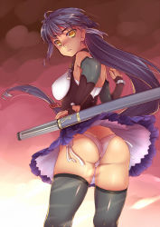 Rule 34 | 1girl, ass, bad id, bad pixiv id, bare shoulders, breasts, butt crack, clothes lift, covered erect nipples, highres, long hair, looking back, original, panties, parted lips, purple hair, sidelocks, skirt, skirt lift, solo, standing, thighhighs, tiha, underwear, very long hair, weapon, wind, wind lift, yellow eyes