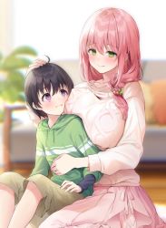 Rule 34 | 1boy, 1girl, ahoge, beige shorts, black hair, blurry, blurry background, blush, braid, breast press, breasts, child, closed mouth, commentary request, couch, green eyes, green hoodie, hair between eyes, hand on another&#039;s head, hood, hoodie, indoors, large breasts, long hair, long skirt, looking at another, low-tied long hair, navy (navy.blue), original, pillow, pink hair, pink skirt, pink sweater, plant, purple eyes, shorts, single braid, sitting, skirt, smile, sweater, wooden floor