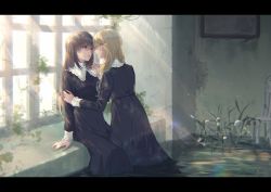 Rule 34 | 2girls, black dress, blonde hair, brown hair, day, dress, eye contact, hair ornament, hand on another&#039;s arm, highres, holding hands, indoors, interlocked fingers, letterboxed, long hair, long sleeves, looking at another, mokoppe, multiple girls, original, ruins, sitting, sunlight, wading, water, window, yuri