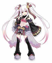 Rule 34 | 1girl, :d, albino, belt, black thighhighs, bow, child, crop top, cross edge, detached sleeves, eruma, flat chest, full body, gradient hair, hair ornament, hair ribbon, hand on own hip, long hair, long sleeves, midriff, multicolored hair, navel, official art, open mouth, pink eyes, pink hair, red eyes, ribbon, skirt, smile, solo, thighhighs, transparent background, tsunako, turtleneck, twintails, very long hair, white hair, wide sleeves, zettai ryouiki