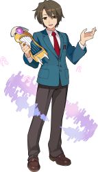 Rule 34 | 1boy, artist request, blue jacket, breast pocket, brown eyes, brown footwear, brown hair, brown pants, buttons, collared shirt, full body, gem, half-closed eyes, hands up, happy, highres, holding, holding instrument, instrument, jacket, koizumi itsuki, loafers, long sleeves, looking at viewer, lyre, male focus, musical note, necktie, non-web source, official art, open mouth, pants, pocket, purple gemstone, red necktie, school uniform, shirt, shoes, short hair, sidelocks, simple background, smile, solo, suzumiya haruhi no yuuutsu, transparent background, white shirt, world flipper