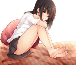 Rule 34 | 1girl, barefoot, batatata77, brown hair, character request, feet, feet together, highres, hugging own legs, long hair, skirt, solo, toes