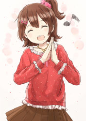 Rule 34 | 10s, 1girl, :d, ^ ^, blush, brown hair, brown skirt, collarbone, closed eyes, frilled shirt, frilled sleeves, frills, hair ornament, hair scrunchie, hairclip, head tilt, idolmaster, idolmaster million live!, jewelry, kasuga mirai, long sleeves, musical note, nasuna, necklace, open mouth, own hands together, pleated skirt, polka dot, polka dot shirt, quaver, red skirt, scrunchie, shirt, short hair, side ponytail, skirt, smile, solo, star necklace